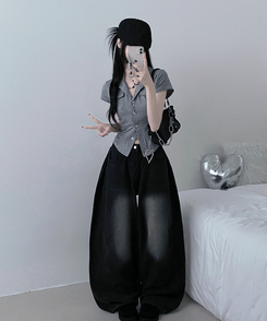 半袖Tシャツ キャップスリーブボタンTシャツ GREY