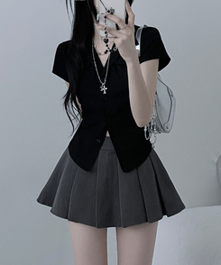半袖Tシャツ キャップスリーブボタンTシャツ BLACK