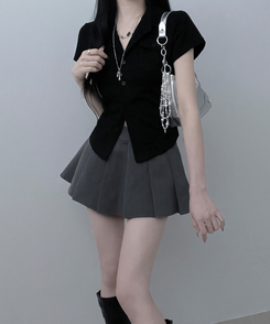 半袖Tシャツ キャップスリーブボタンTシャツ BLACK