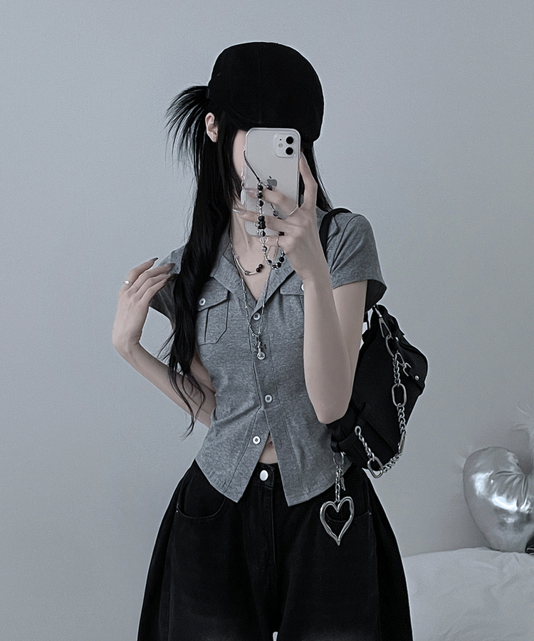 キャップスリーブボタンTシャツ GREY