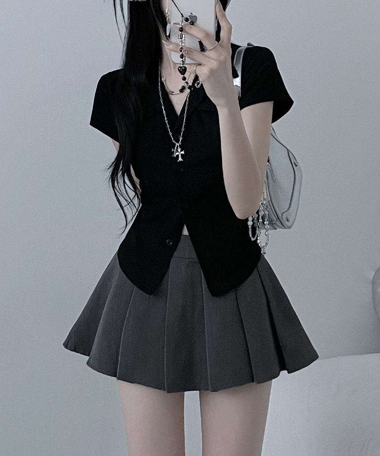 キャップスリーブボタンTシャツ BLACK
