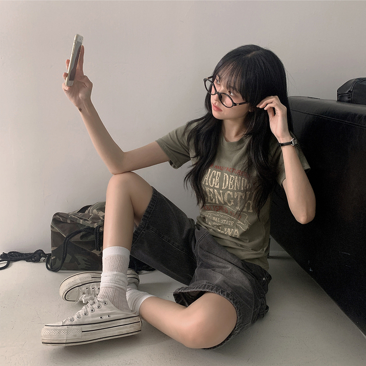 ルーズレタリング半袖Tシャツ KHAKI
