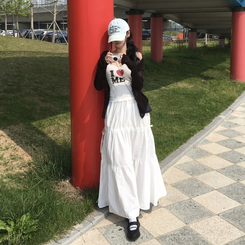 ミディ/ロングスカート リボンストラップフリルティアードスカート WHITE