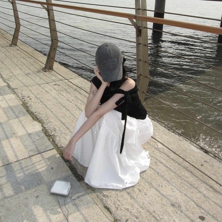 リボンストラップフリルティアードスカート WHITE