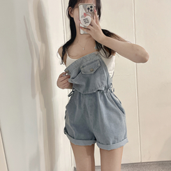 ショートパンツ デニムオーバーオールショートパンツ LIGHT DENIM