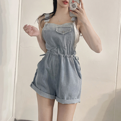ショートパンツ デニムオーバーオールショートパンツ LIGHT DENIM
