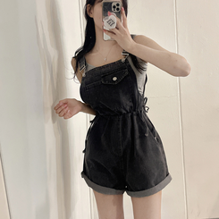 ショートパンツ デニムオーバーオールショートパンツ BLACK DENIM