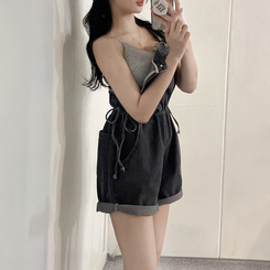 ショートパンツ デニムオーバーオールショートパンツ BLACK DENIM