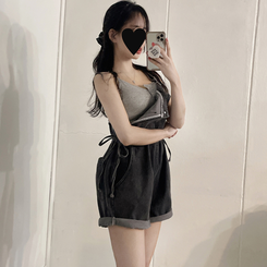 ショートパンツ デニムオーバーオールショートパンツ BLACK DENIM