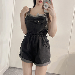 ショートパンツ デニムオーバーオールショートパンツ BLACK DENIM