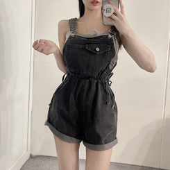 ショートパンツ デニムオーバーオールショートパンツ BLACK DENIM