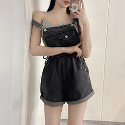 ショートパンツ デニムオーバーオールショートパンツ BLACK DENIM
