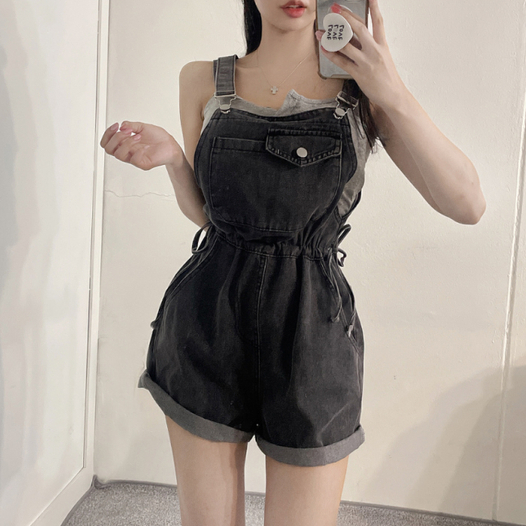 デニムオーバーオールショートパンツ BLACK DENIM