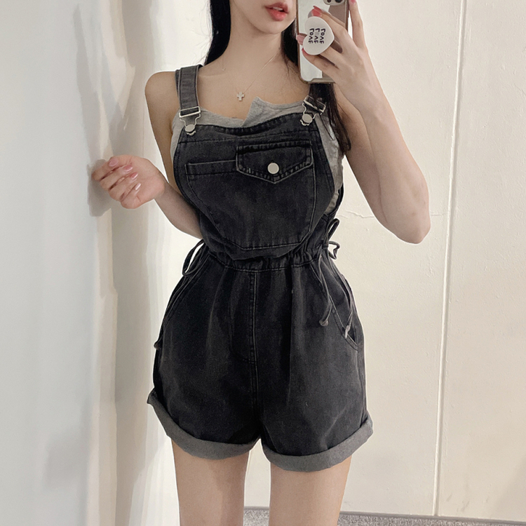 ショートパンツ デニムオーバーオールショートパンツ BLACK DENIM