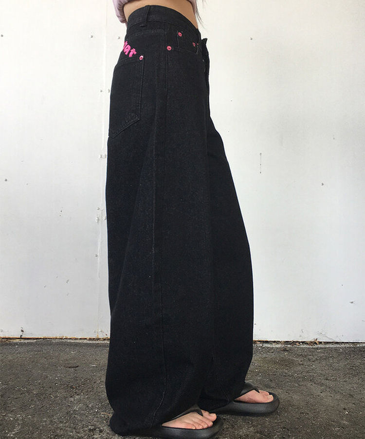 미론 핑크 레터링 생지 벌룬 와이드 팬츠 흑청