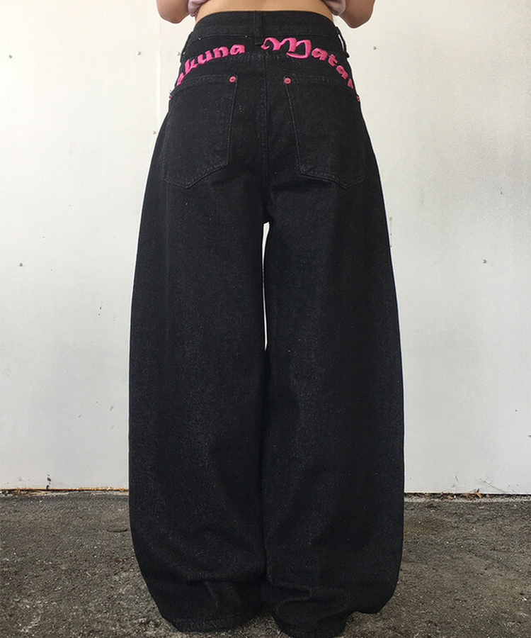 미론 핑크 레터링 생지 벌룬 와이드 팬츠 흑청