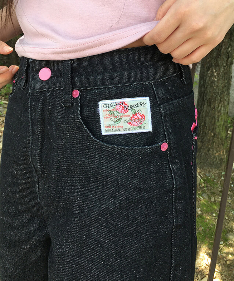 미론 핑크 레터링 생지 벌룬 와이드 팬츠 흑청