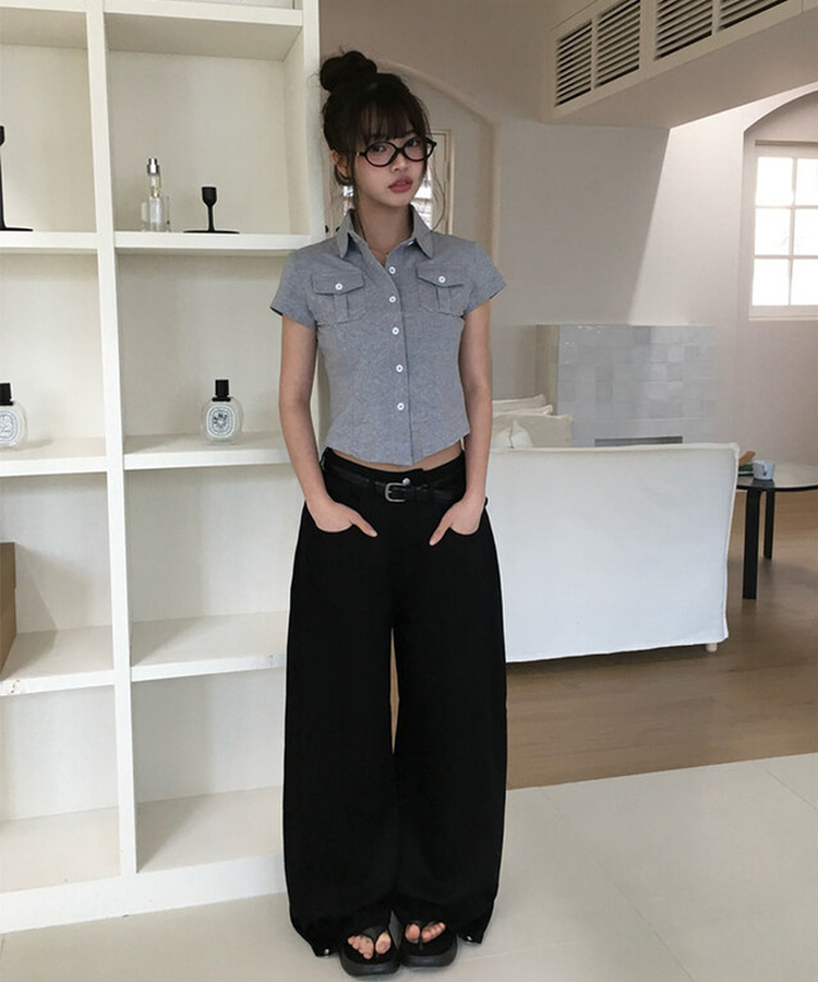 【丈別】サマーフードルサイドピンタックワイドパンツ BLACK