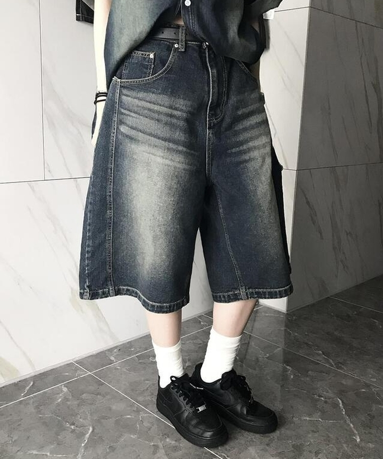 コットンパンツ デニムウォッシングバミューダパンツ DEEP DENIM