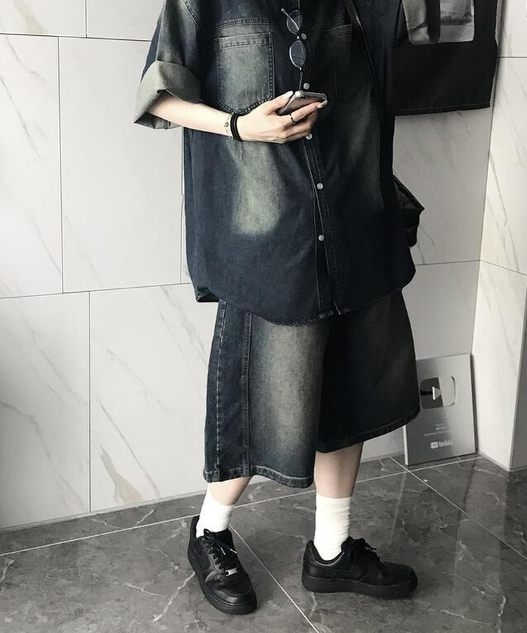 コットンパンツ デニムウォッシングバミューダパンツ DEEP DENIM