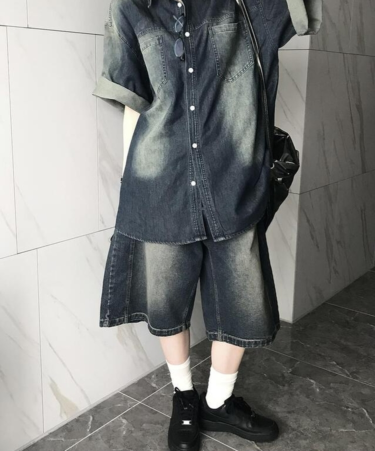 コットンパンツ デニムウォッシングバミューダパンツ DEEP DENIM