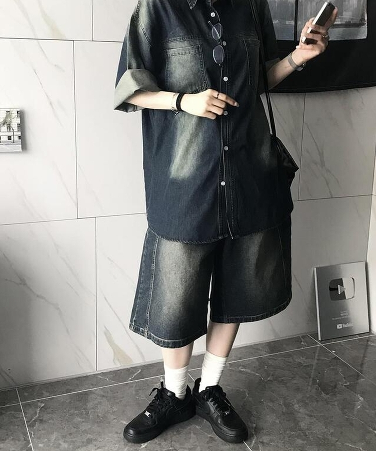 コットンパンツ デニムウォッシングバミューダパンツ DEEP DENIM