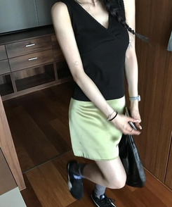 クリップサテンミニスカート OLIVE