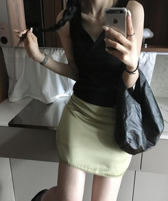 クリップサテンミニスカート OLIVE