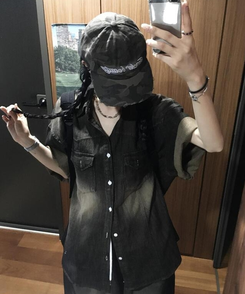 シャツ スリットデニム半袖シャツ BLACK DENIM