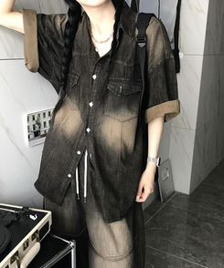 シャツ スリットデニム半袖シャツ BLACK DENIM