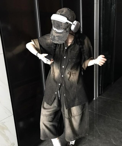 シャツ スリットデニム半袖シャツ BLACK DENIM