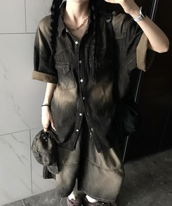 シャツ スリットデニム半袖シャツ BLACK DENIM