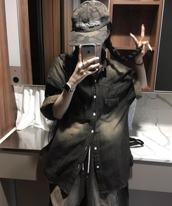 シャツ スリットデニム半袖シャツ BLACK DENIM
