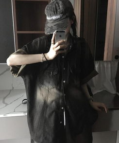 シャツ スリットデニム半袖シャツ BLACK DENIM