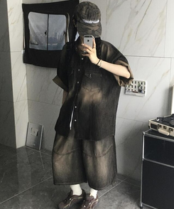 シャツ スリットデニム半袖シャツ BLACK DENIM
