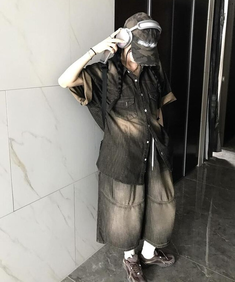 スリットデニム半袖シャツ BLACK DENIM