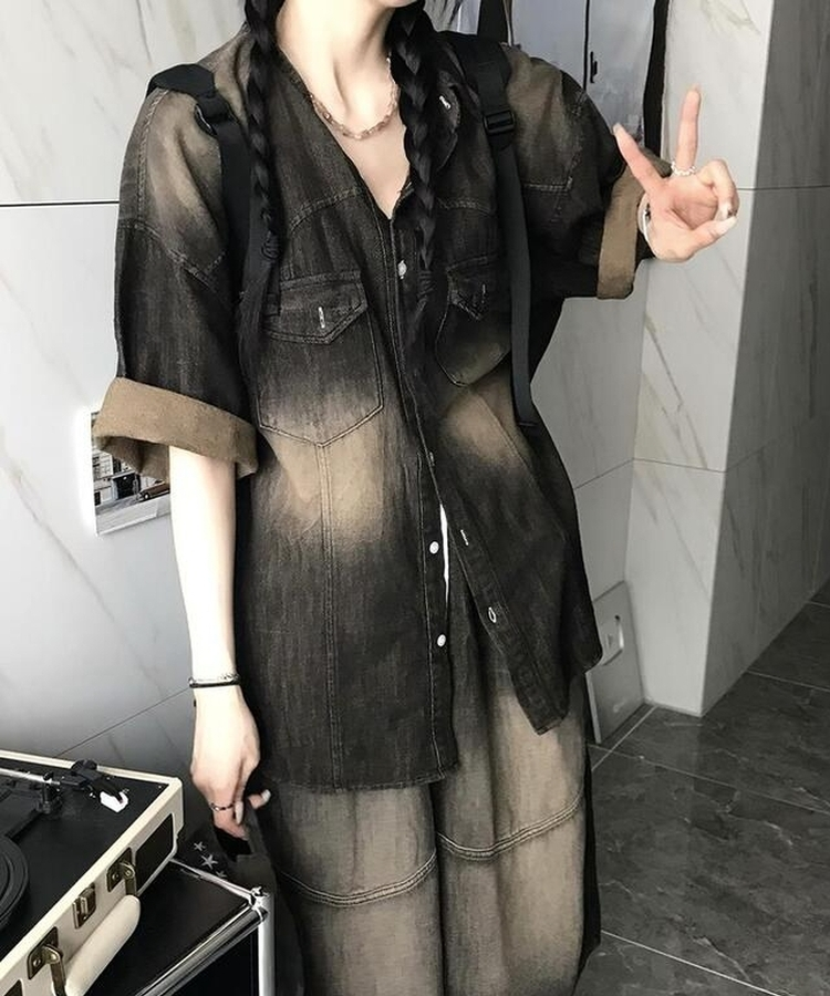 スリットデニム半袖シャツ BLACK DENIM