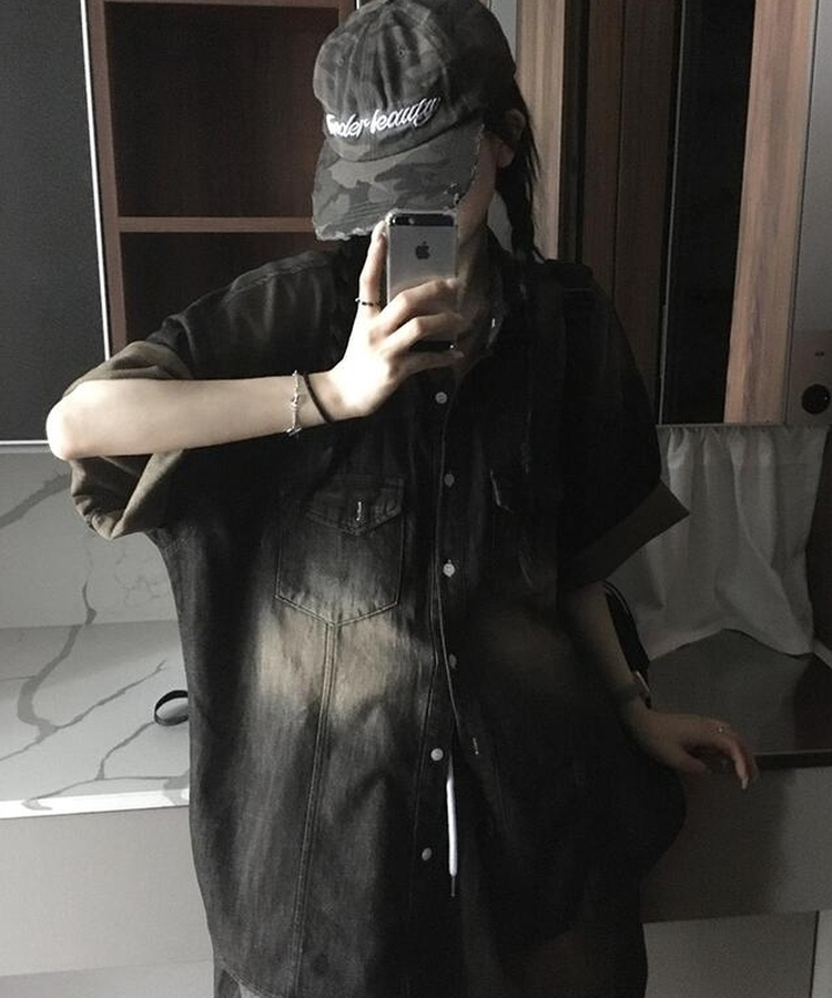 スリットデニム半袖シャツ BLACK DENIM