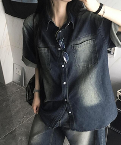 シャツ デニムウォッシング半袖シャツ DEEP DENIM