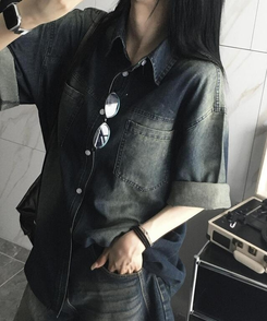 シャツ デニムウォッシング半袖シャツ DEEP DENIM
