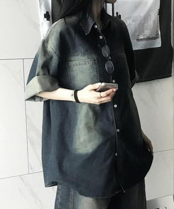 シャツ デニムウォッシング半袖シャツ DEEP DENIM