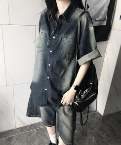 シャツ デニムウォッシング半袖シャツ DEEP DENIM
