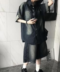 シャツ デニムウォッシング半袖シャツ DEEP DENIM