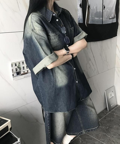 シャツ デニムウォッシング半袖シャツ DEEP DENIM