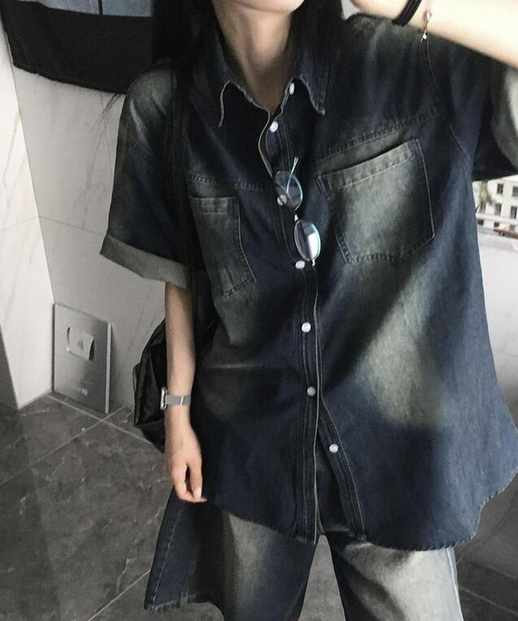 シャツ デニムウォッシング半袖シャツ DEEP DENIM