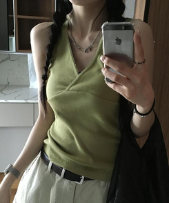 ノースリーブ レースVネックキャミソール LIGHT GREEN