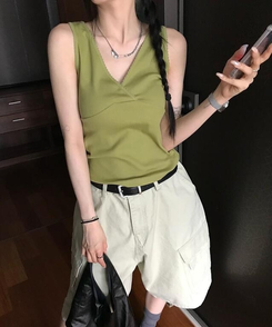 ノースリーブ レースVネックキャミソール LIGHT GREEN