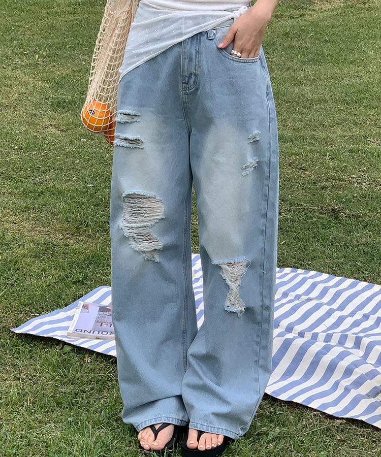 ダメージビンテージワイドデニムパンツ LIGHT BLUE