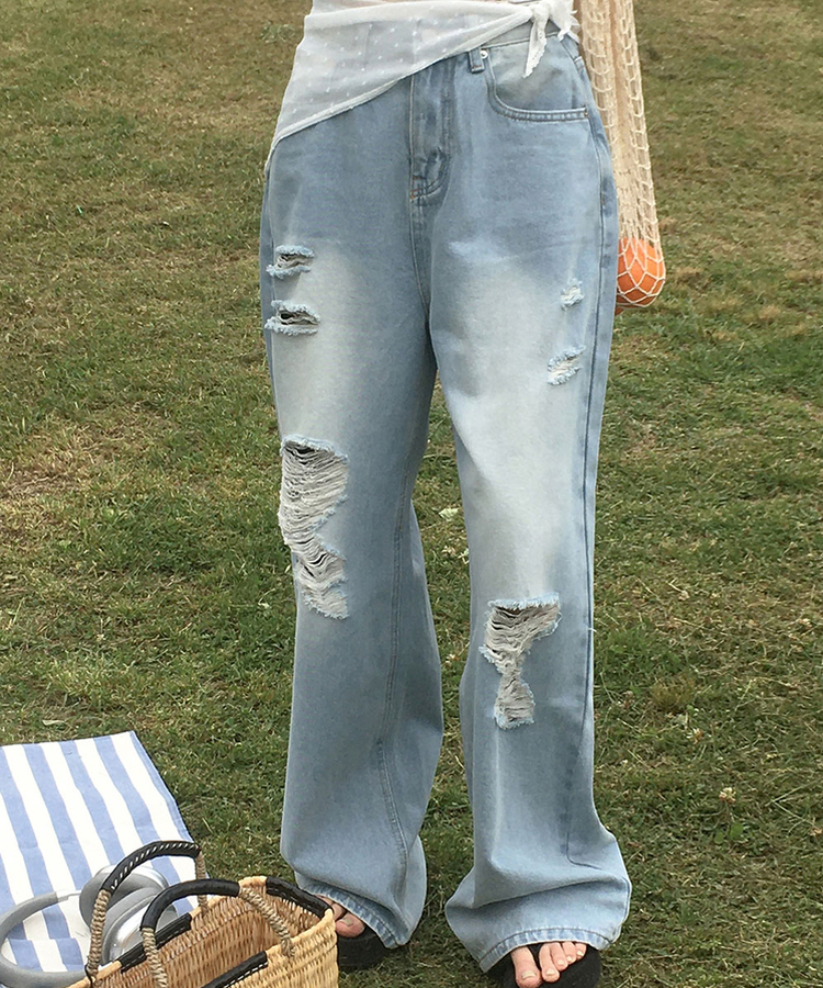 ダメージビンテージワイドデニムパンツ LIGHT BLUE