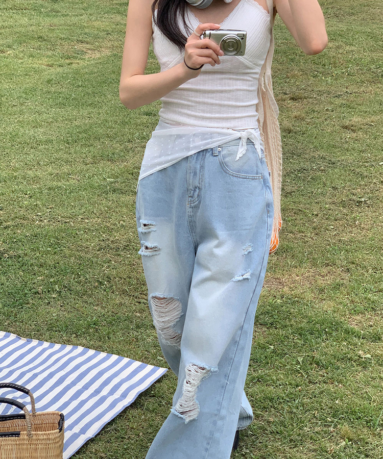 ダメージビンテージワイドデニムパンツ LIGHT BLUE